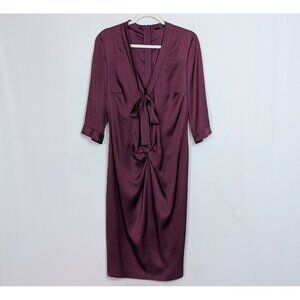 Boss Hugo Boss sz. 12 100% Silk Midi Dress Draped Tie Front 3/4 Sleeves Satin
